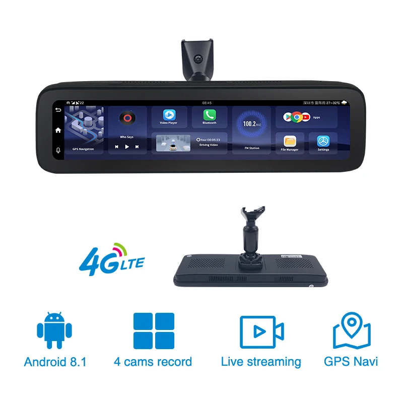 car driving recorder, driving recorder 12 inch high definition 4G 9.0 video recorder 360 degree panoramic ADAS rearview mirror