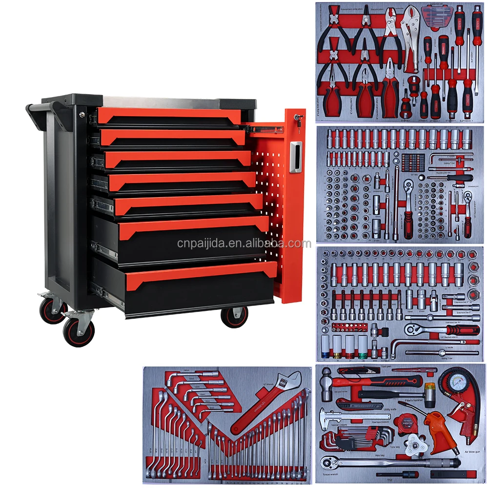 

Металлический ящик для инструментов повышенной прочности на 352 предмета, 7 выдвижных ящиков, с замком, красный, со стальной деревянной столешницей, настраиваемая тележка для инструментов для автомастерской