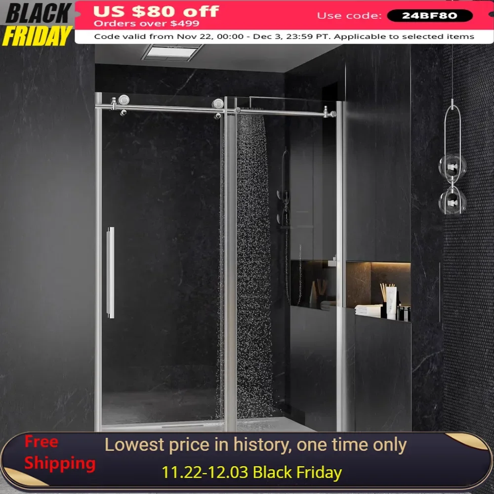 

Sliding Shower Door, 55“-56” X 75“, 5/16” (8mm) Clear Tempered Glass, Stainless Steel Hardware, Frameless Shower Door