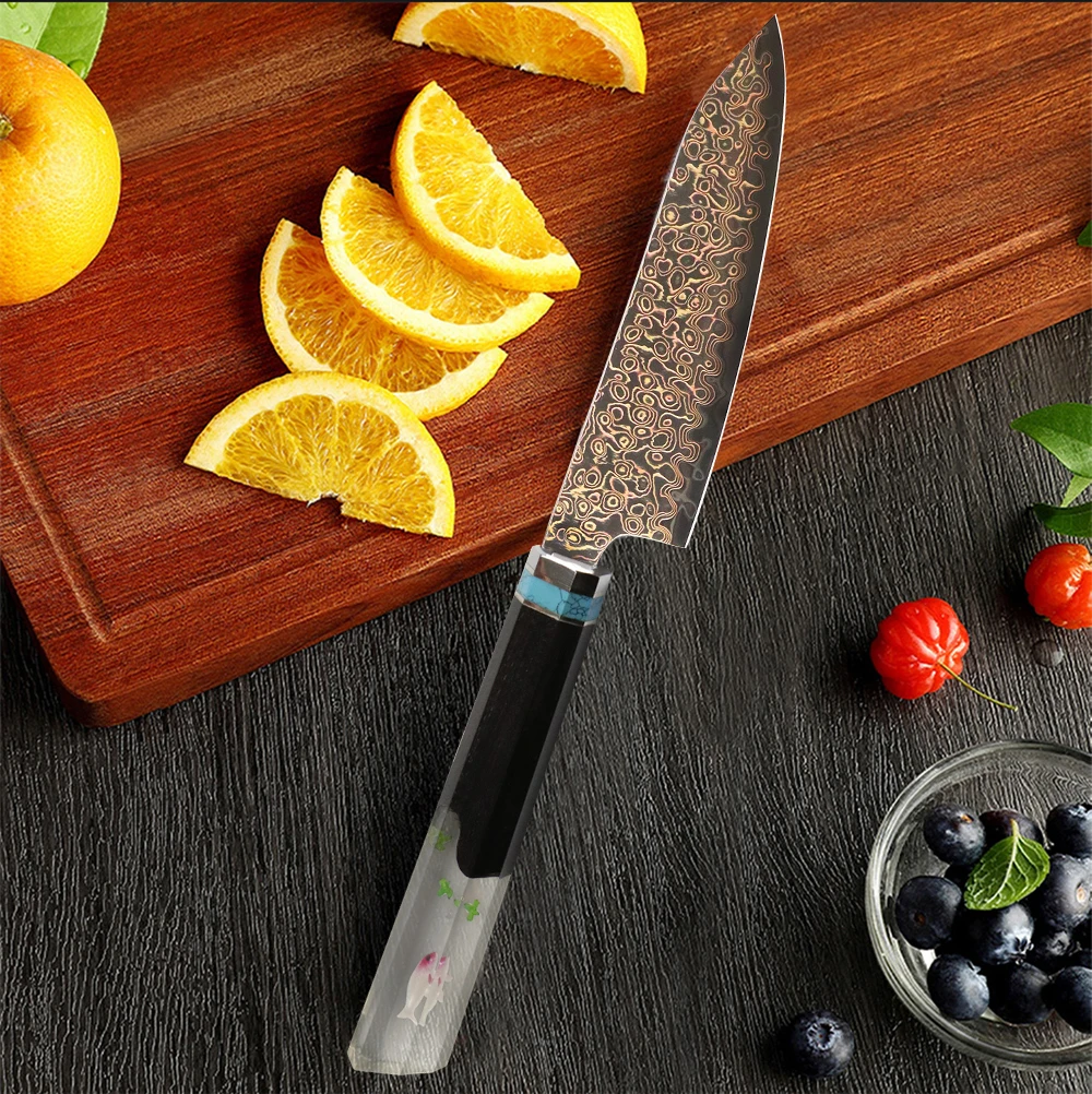JUMCSONG Tri Color Copper Damascus Utility Knife High End Household Fruit Knife, Sharp Kitchen Knife  Micro Landscape Handle