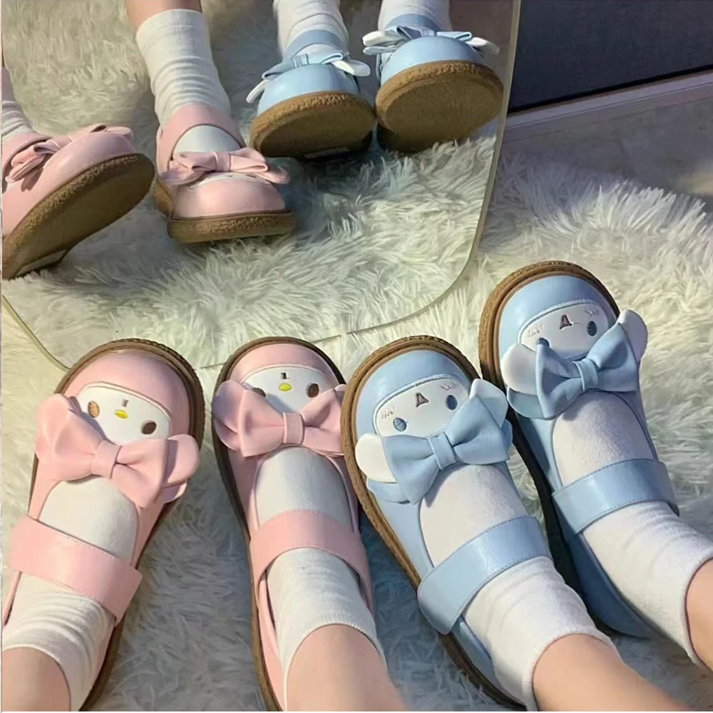 Anime Sanrios Soft Shoes Princess Cute Lolita Round Head Small Leather Shoes Japanese Style Kawaii Melody Kuromi Flat Shoes Girl