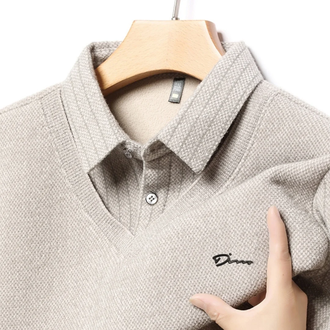 

High-end Design Brand Men's Knit Pullover Lapel Letter Print Fake Two Pieces Winter Thicken Warm Trend Sweater Casual Men's Wear