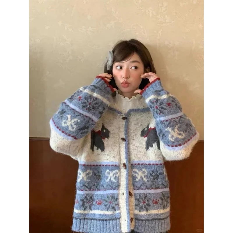 

Vintage Print Knitted Cardigan Women Harajuku Cartoon Sweater Outerwears Kawaii Knitwears Winter Korean Long Sleeve Jumpers New