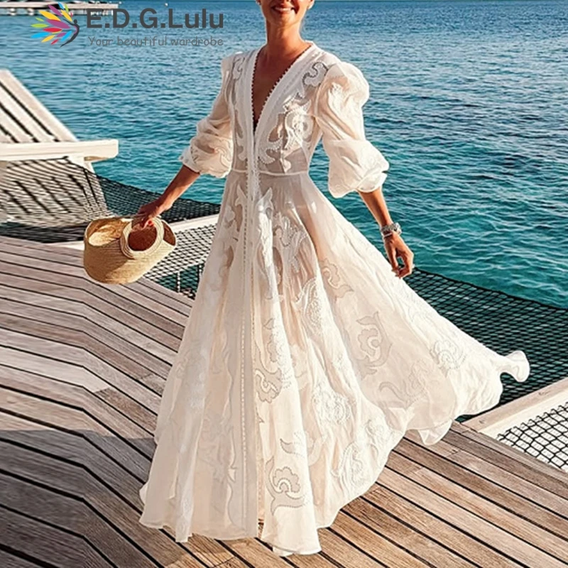 EDGLuLu High Quality Hollow Embroidery Lace Splicing Long Dresses For Woman Single Breasted Elegant White Dress 0621