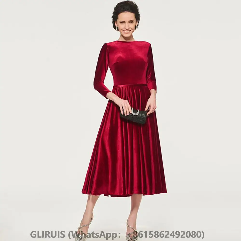 

Velvet Mother of the Bridal Dresses Spring Autumn 3/4 Sleeve Crew Neck and Calf A-Line Drape Dress for Women Velour