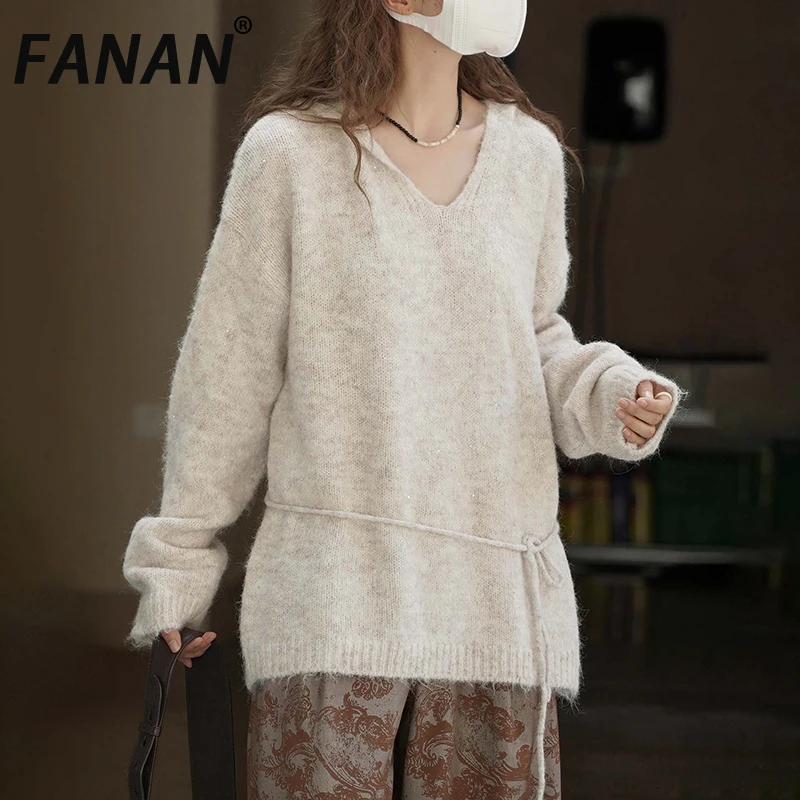 

FANAN Hooded Design Knitting Sweater For Women Belt Gathered Waist Casual Loose Tops Fashion Cloehes Female 2025 Winter New