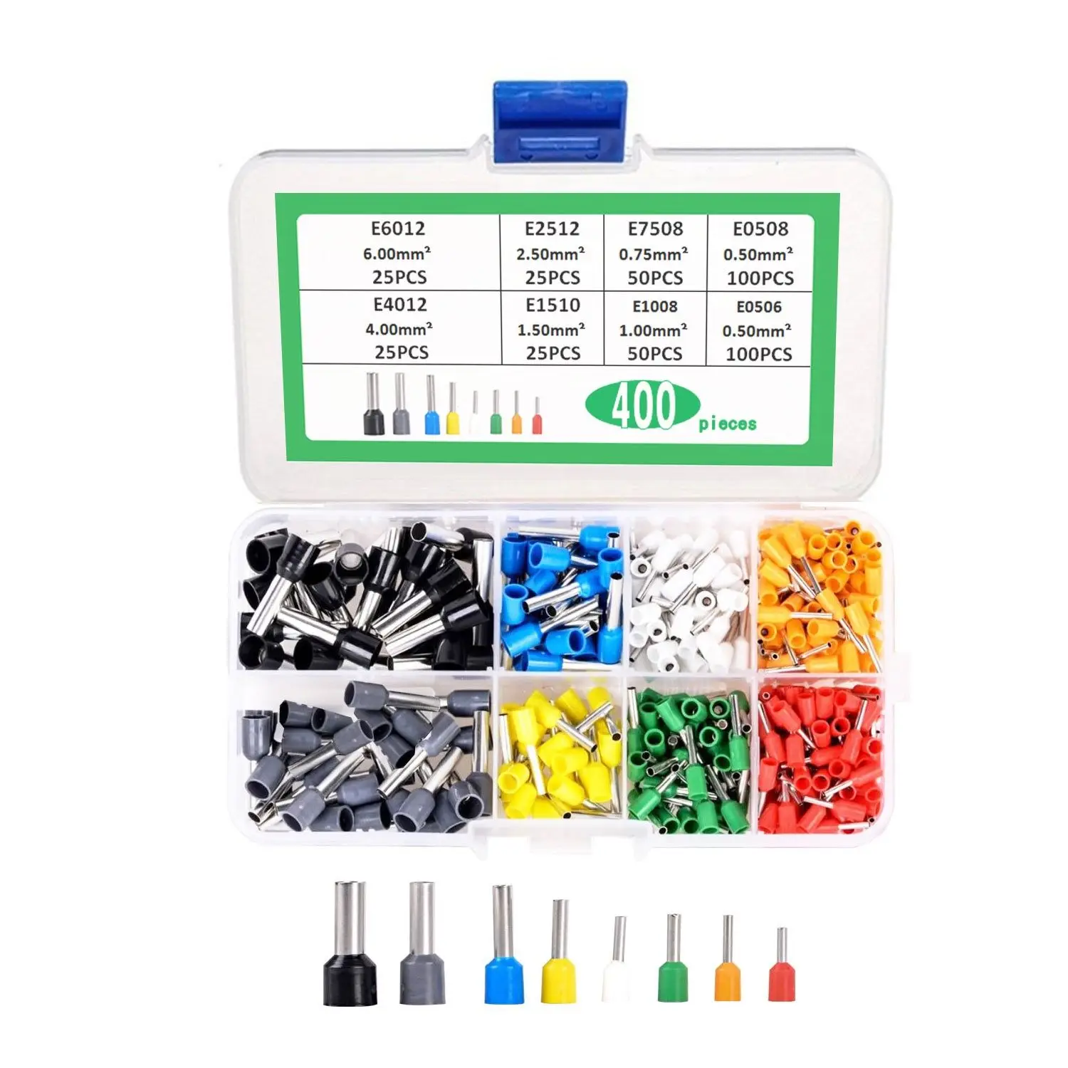 400pcs 8 Specifications E0506-E6012 European Tube Shaped Insulated Wiring Copper Nose Cold Pressed Terminal Set Box