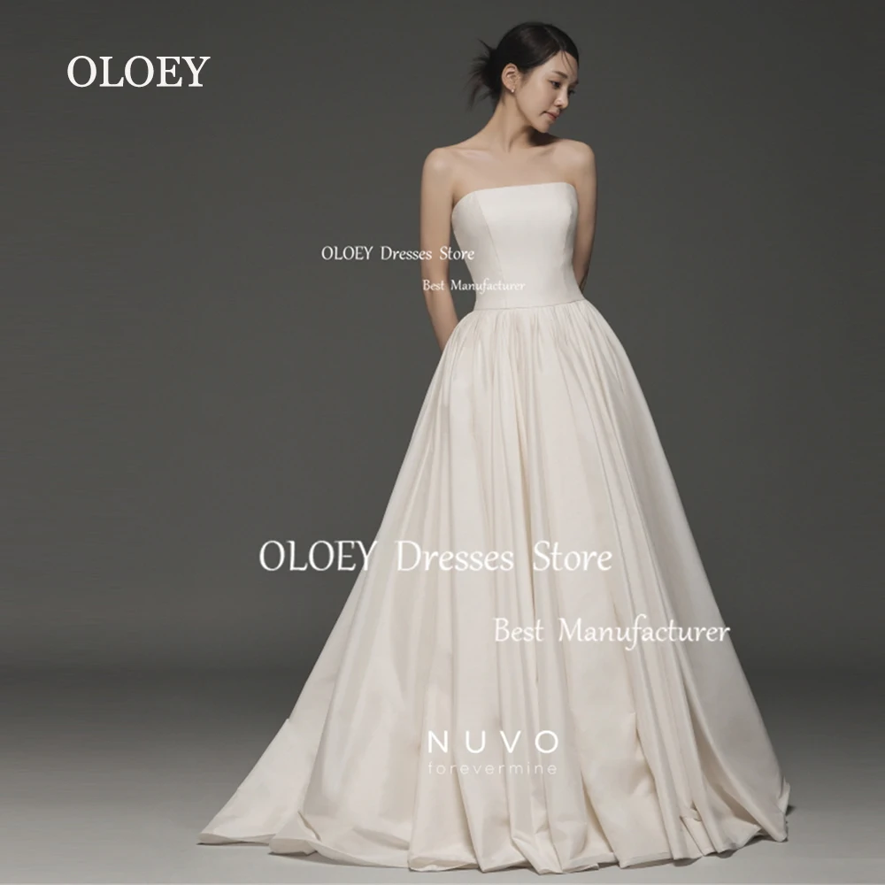 

OLOEY Strapless Ivory A Line Satin Wedding Dress Korea Photoshoot Pleats Floor Length Bridal Gown Corset Back Modest Custom Made