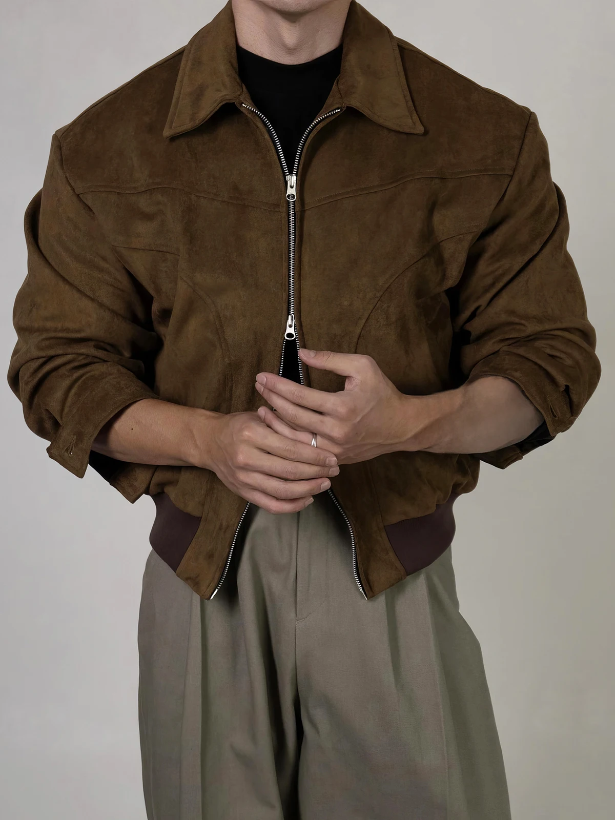 

Men's Busin Casual Flight Jaet Stand Collar Suede Surface Spring Autumn Zipper Loose ort Warm Thiened Outerwear