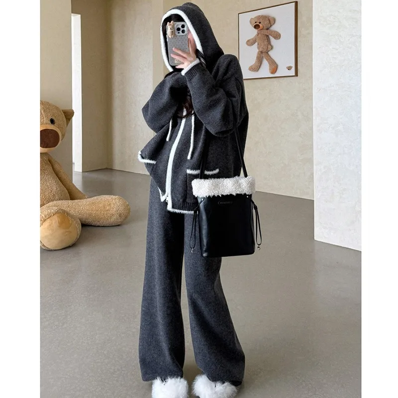 Pantaloni lavorati a maglia Vestito da donna Autunno allentato Colore a contrasto Cerniera con cappuccio Maglione pigro Pantaloni a gamba larga Inverno 2025 Nuovo set a due pezzi