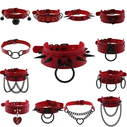 Goth Harajuku PU Leather Chain Heart Spiked Necklaces Women Men Punk Neck Strap Gothic Black Red Choker Necklace Cool Collar