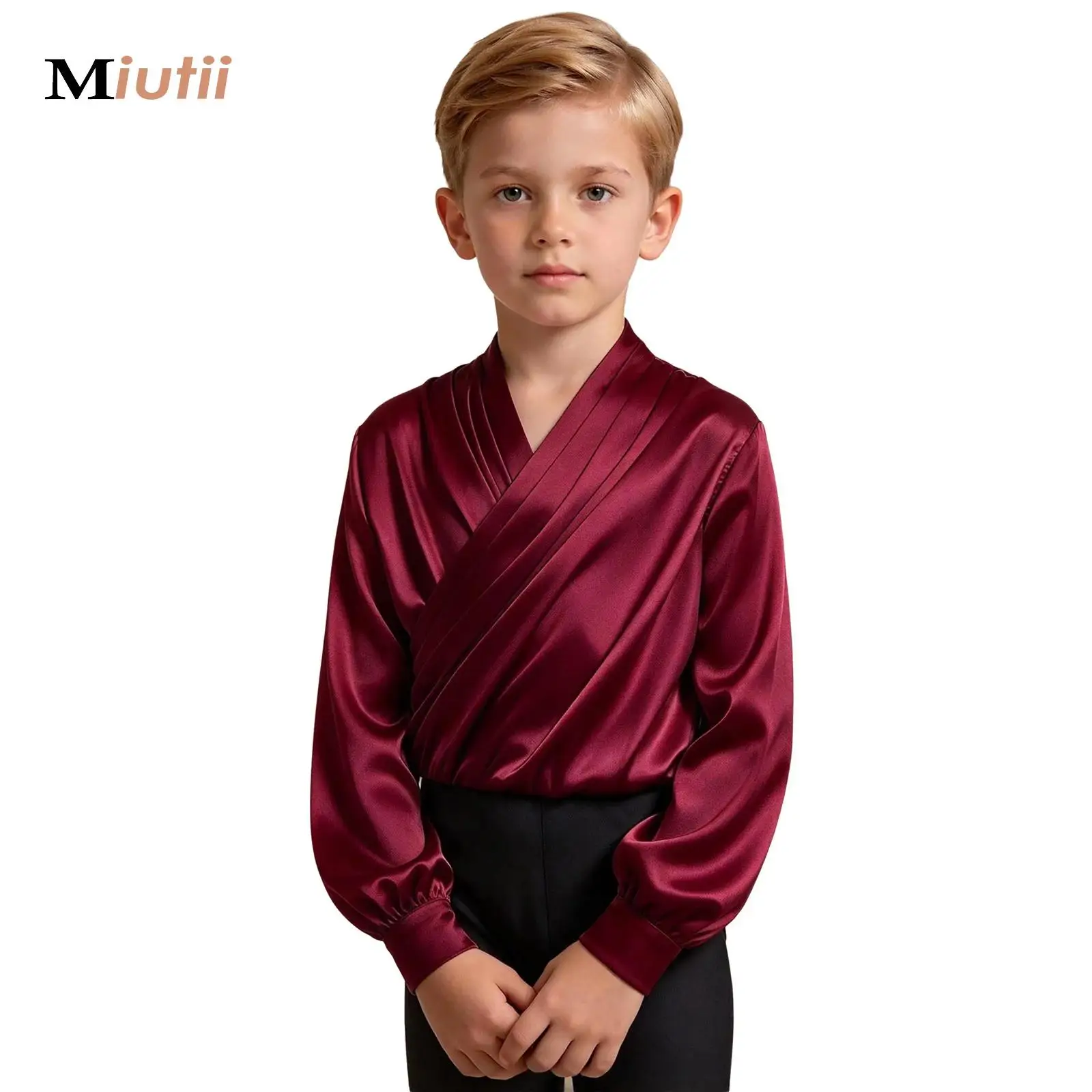 Kids Boys Latin Dance Performance Costumes Children Long Sleeve V-Neck Ballroom Dance Training Clothes Cha Cha Rumba Dancewear