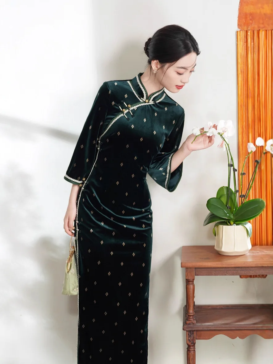 

Осеннее новое зеленое ретро новое китайское стильное улучшенное эластичное платье Cheongsam с большими рукавами, женское старое Шанхайское платье Ципао