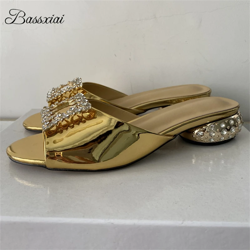 

Unique Crystal Decor Elliptical Heel Sandals Women Luxury Patent Leather Slingbacks Rhinestone Square Buckle Summer Mules