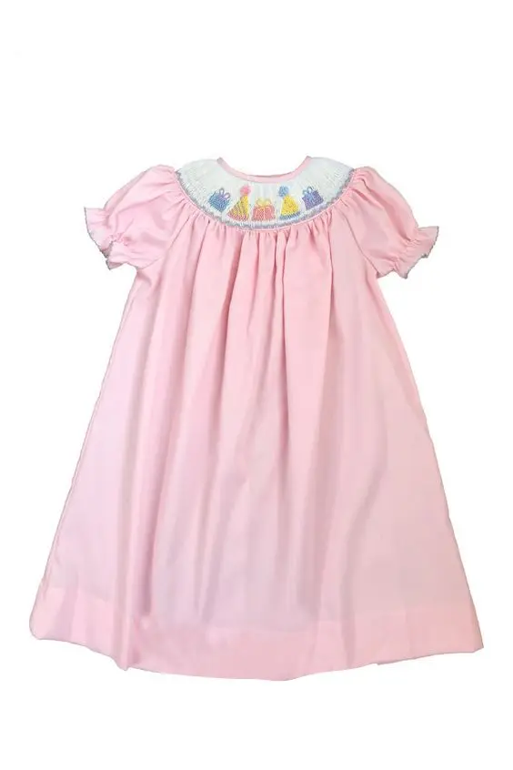 smocked happy birthday gift hat pink short-sleeved dress