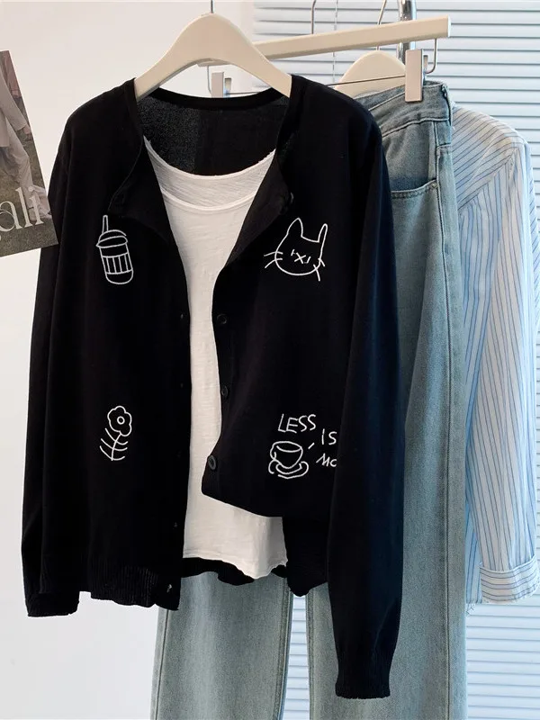 

Ladies Large Size Casual Knitted Embroidered Open Cardigan Loose Outerwear Faionable Color Comfortable Long Sve irt