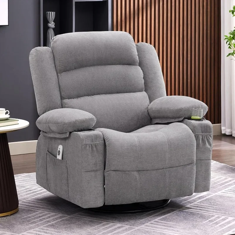 Heat and Massage, 360° Swivel Recliner Chairs for Adults, Oversized Recliner Single Sofa Seat with Cup Holders