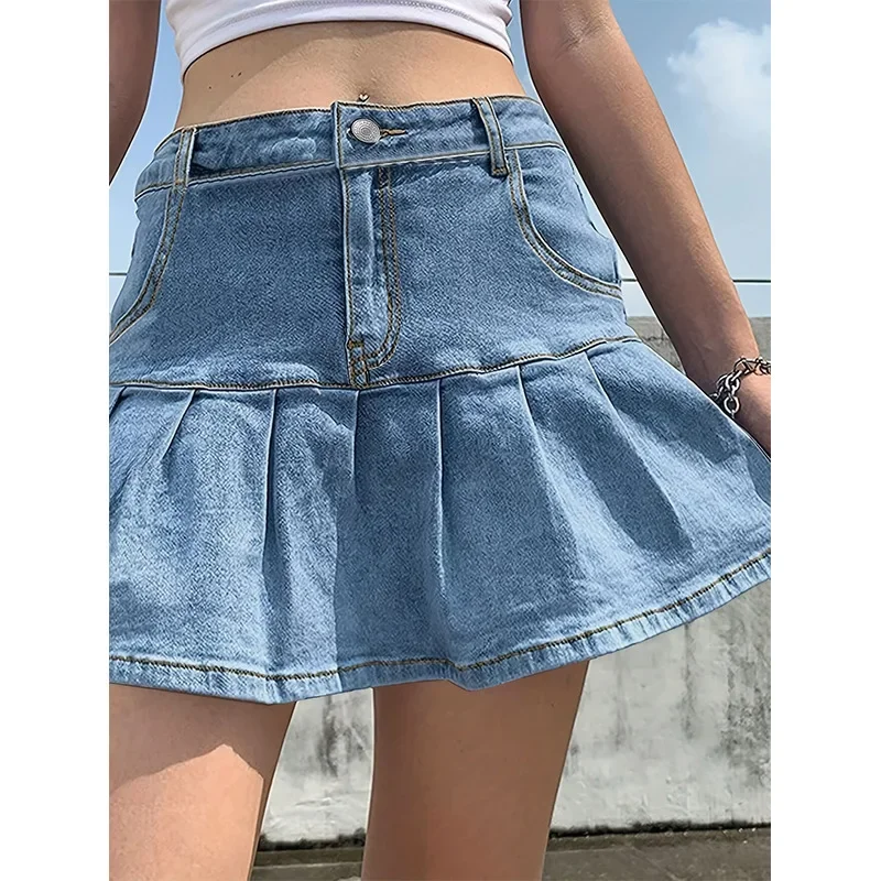 Denim Skirt for Woman Streetwear Casual Pocket High Waist Loose Slimming Short Dresses Solid Blue Dress Female Summer 2025 New
