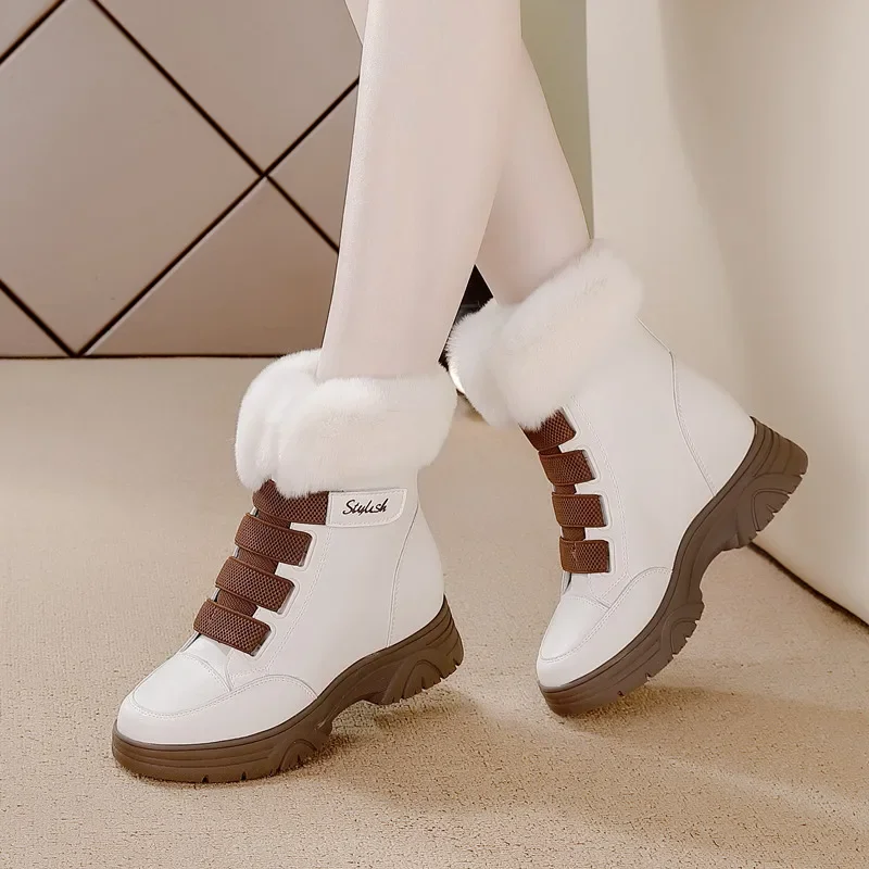 

7cm Fur Genuine Leather Cushioned Platform Wedge Winter Plush Fur Spring Women Warm Durable Ankle Boots Autumn Hook Shoes