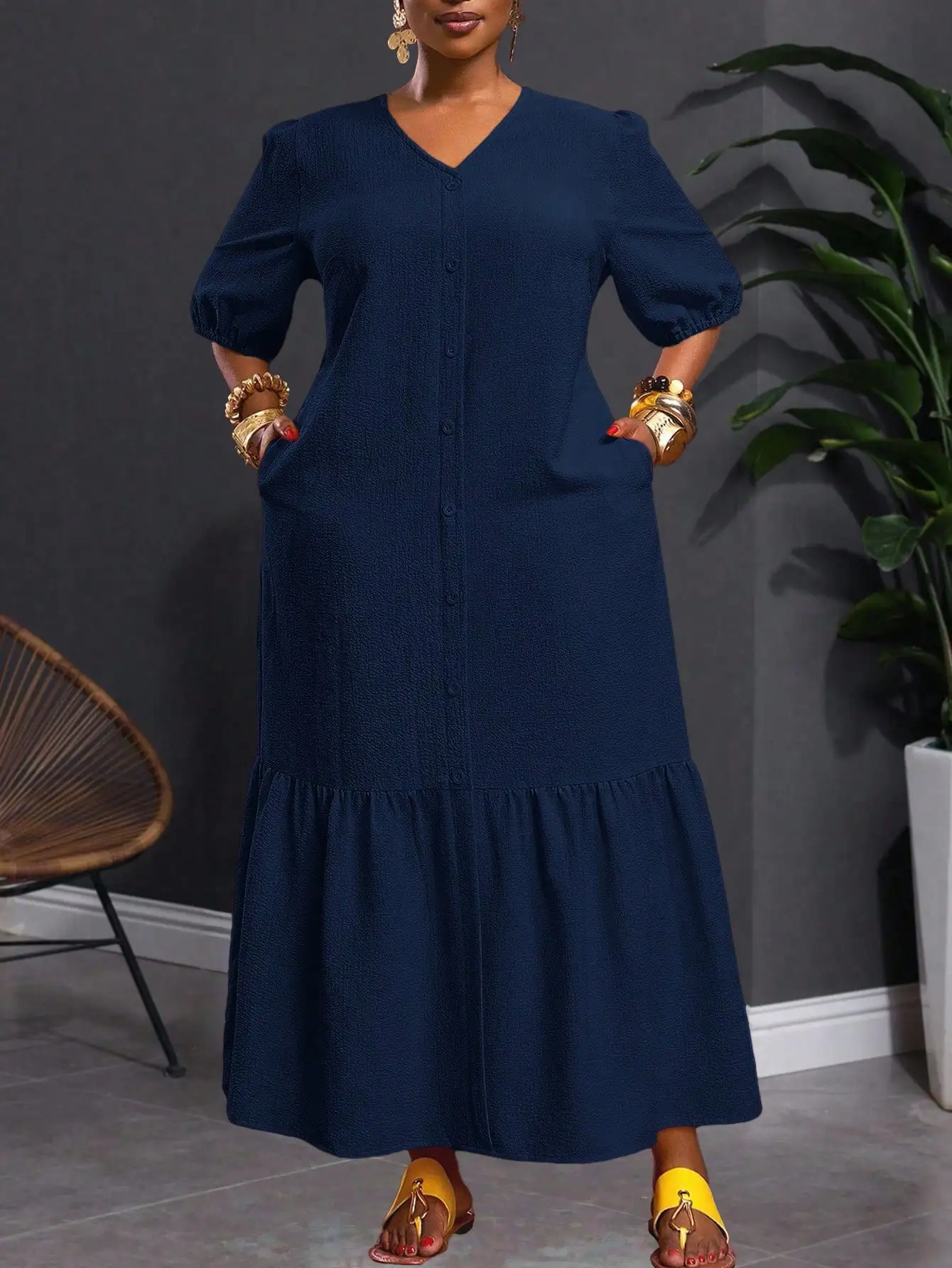 

Navy Blue Maxi Dress With Pockets V-Neck Puff Sleeve Ruffle Hem Loose Fit Casual Summer Dress