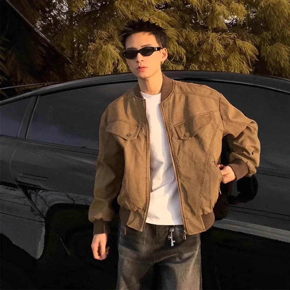 

Spring Autumn Men's Casual Trendy Solid Color Zipper Baseball Jacket New Fashion American Brown Black Bomber Jacket Male Tops
