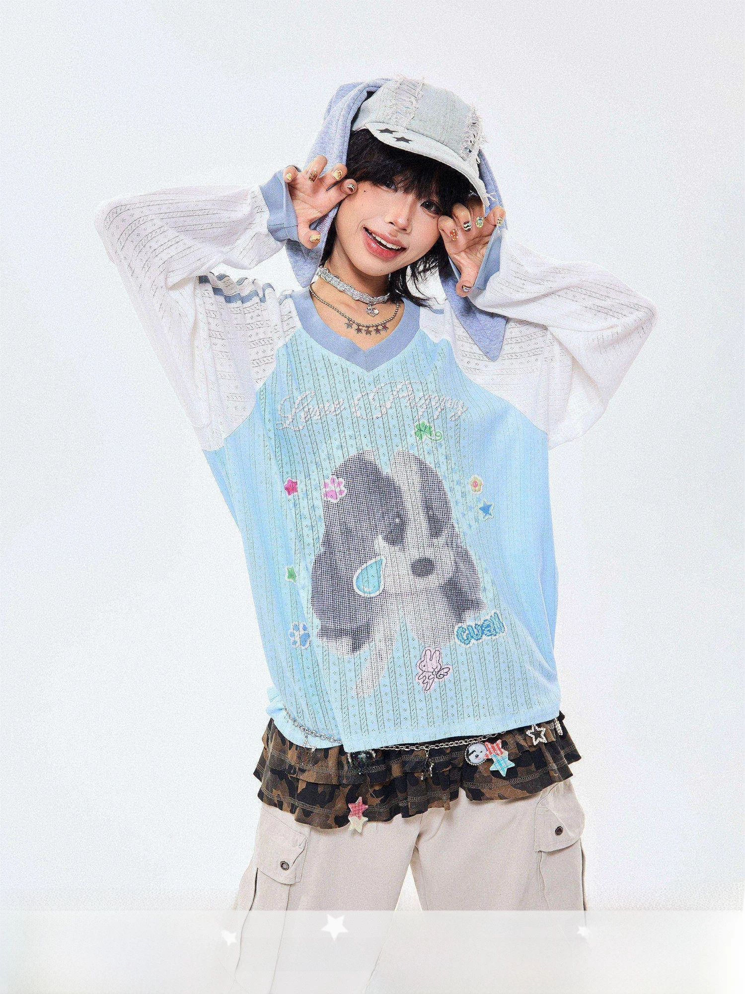 

MIKYO American Sle Long Sve V-Ne T-irt Women Loose Breathable Summer Top Cute Dog Color Blo Lazy Sle Sun Protection