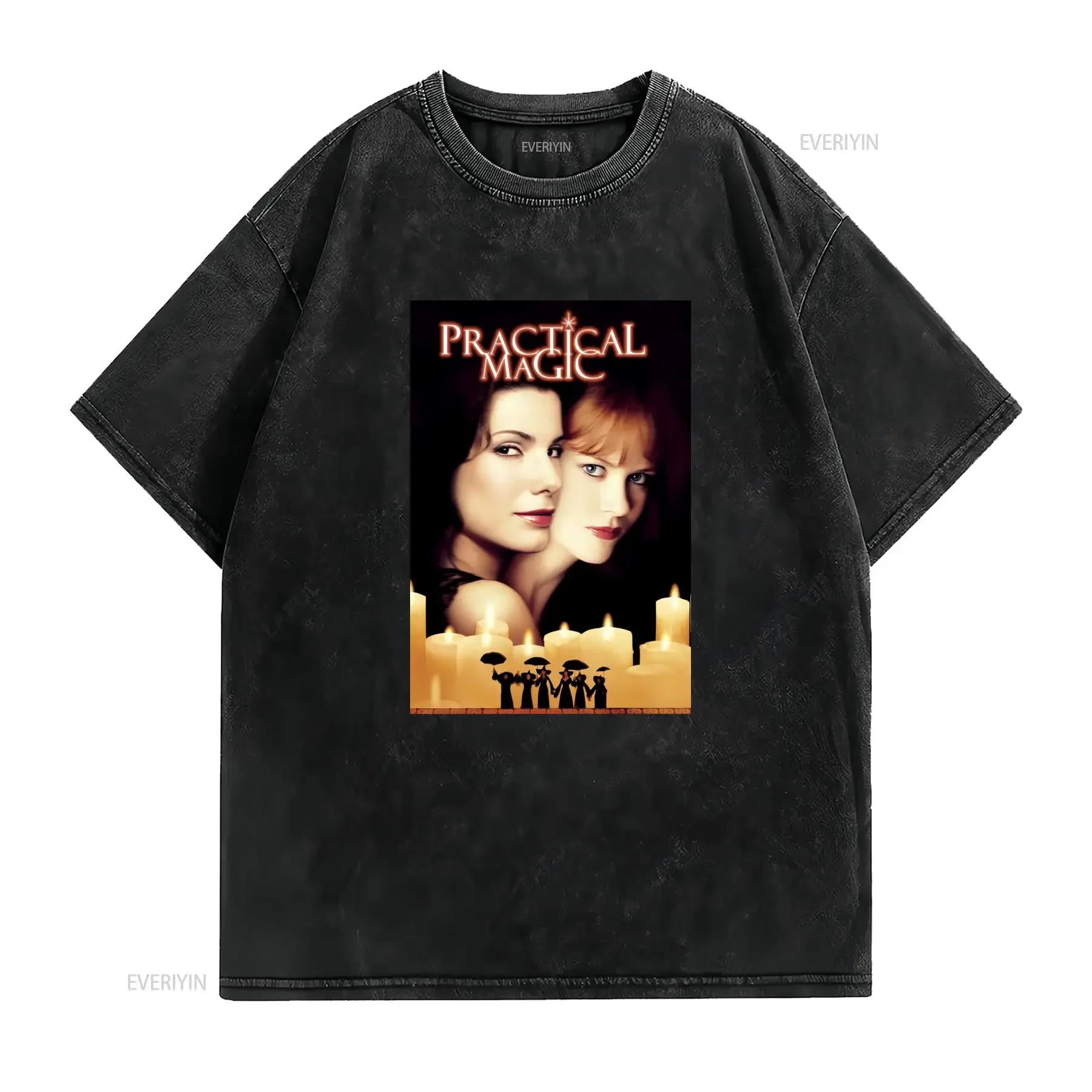 Vintage Retro Practical Magic Movie Witch Candle Print Casual T Shirt vintage Washed Comfortable Stretched Stylish