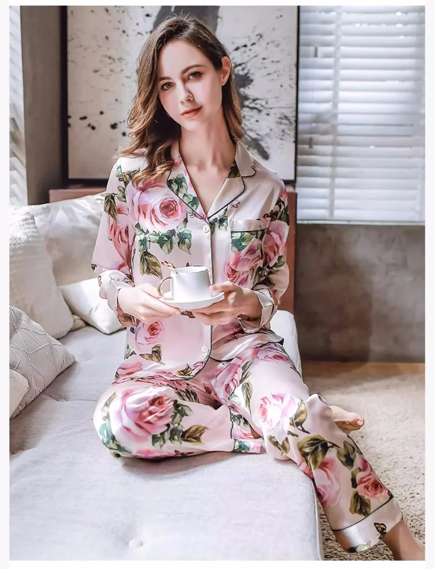 Floral Long Silk Pajama Set Women 100% Mulberry Silk Sleepwear 2pc Pajamas Suit Long Sleeve Cardigan Trousers Nightwear Homewear