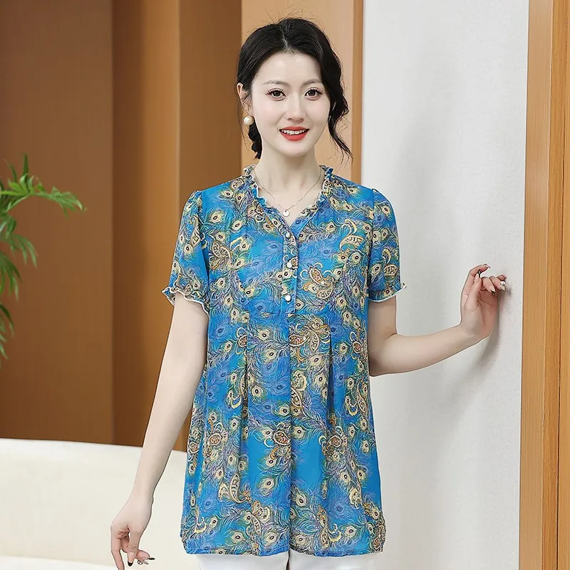 Big Size 6XLprinting Blouse Summer Chiffon Short Sleeve V-Neck T-SHIRT Vintage Loose Pullover Female Shirt Casual Women Clothing