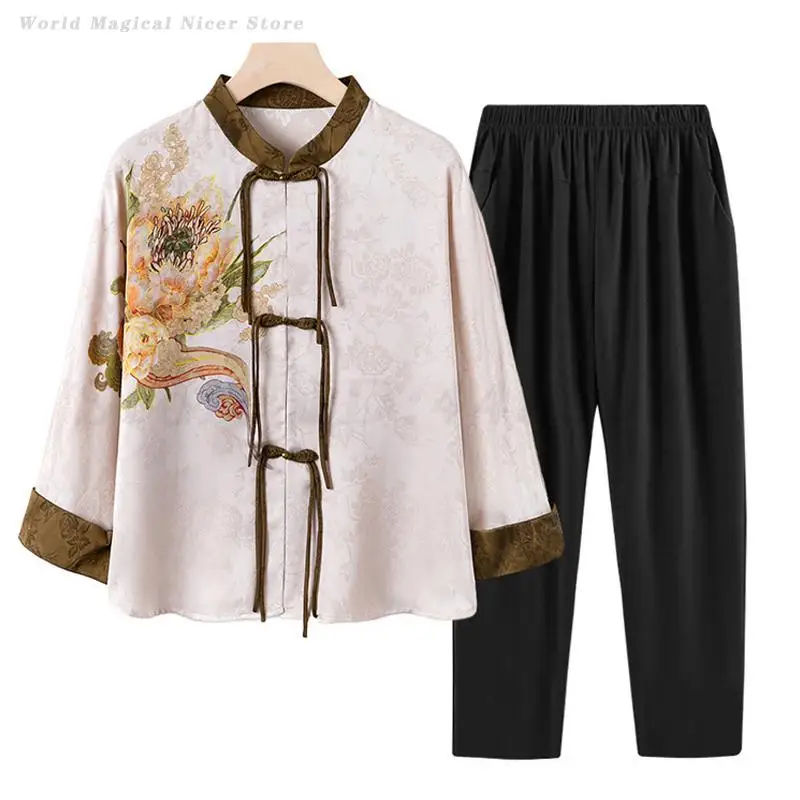 New Chinese Tang Costume Mom Jacket Coat Women Spring Summer Vintage Button Blouse Pant Suit Middle-Aged Elegant Shirt XL-4XL