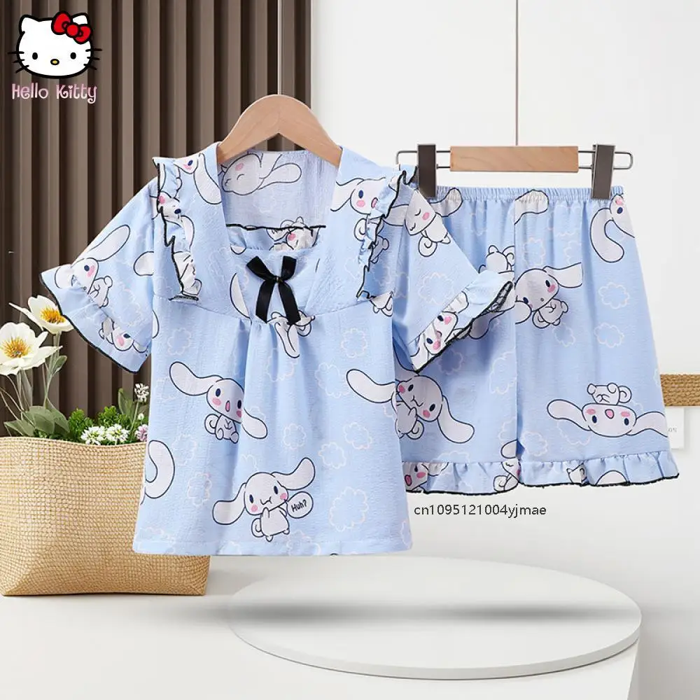 

Новые милые пижамные комплекты Sanrio Cinnamoroll для девочек, милый топ с короткими рукавами и шорты, костюм, детская пижама, ночная рубашка, летние пижамы, От 3 до 15 лет