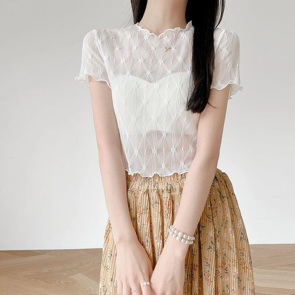 

New Ruched O-Neck Short Sleeve Girls Shirt Summer Female Blouses Elastic Wavy Edge T Shirt Black White Apricot Color Clothes