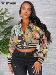 Harajuku Autumn Flower Print Coat Crop Tops Women Lapel Long Sleeve Button Baseball Jacket Winter Warm Outerwear Streetwear y2k