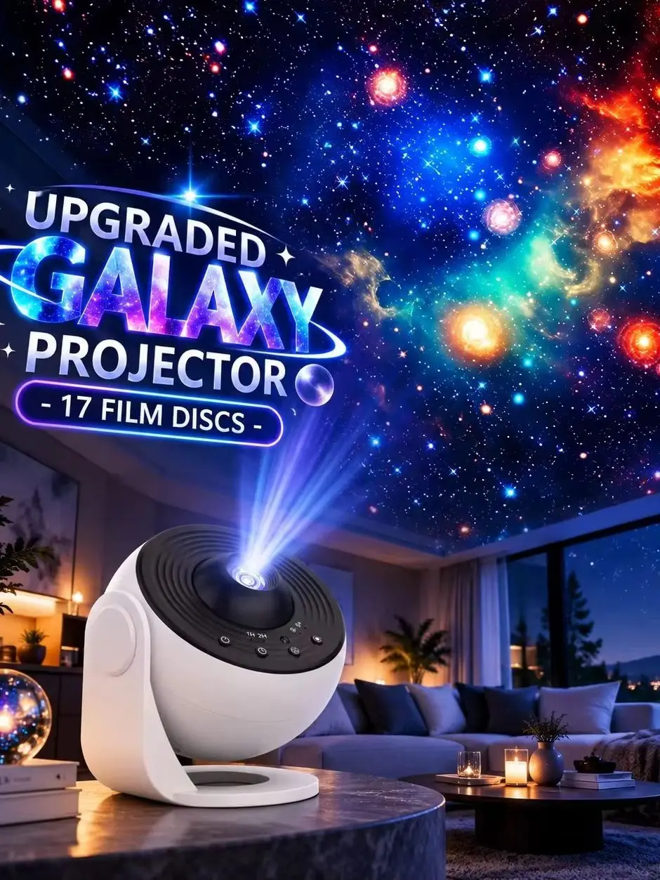 Ulepszona lampka nocna z projekcją galaktyki, wyposażona w 17 płyt z motywami, obrót o 360 stopni. ° Funkcja timera z regulacją czasu, diodowe oświetlenie tworzące efekt gwiazd, idealne do — 2
