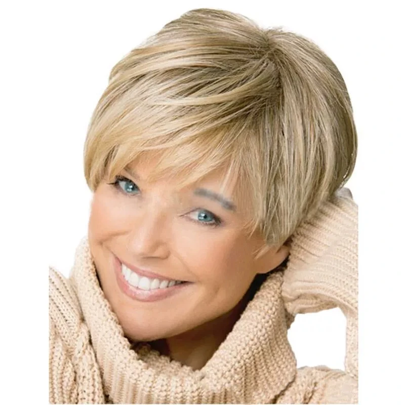 QQXCAIW Short Blonde Wig with Bangs Blonde Wigs for White Women Fluffy Synthetic Hair Womens Wigs