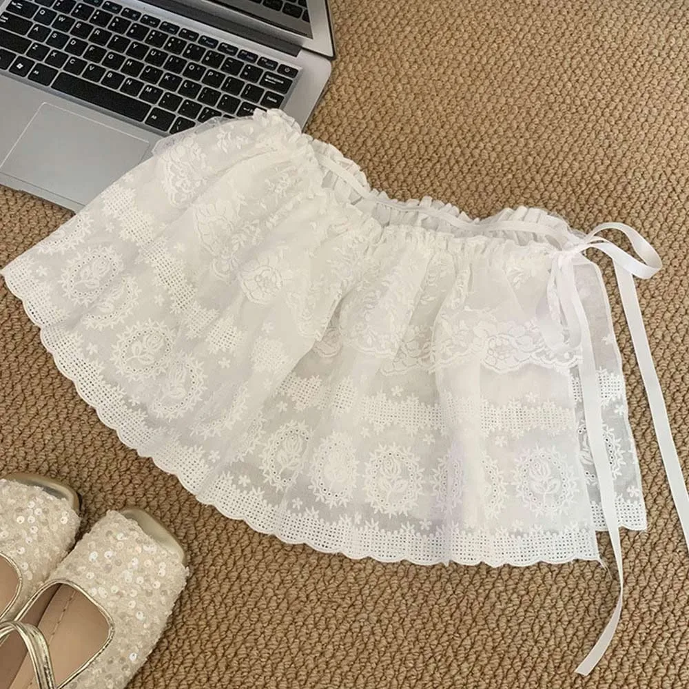 

New Embroidered Flower Lace Mini Skirt Y2K Streetwear Harajuku Ruched Skirts See Through Lace Up Ruffles Skirt Jeans Decoration