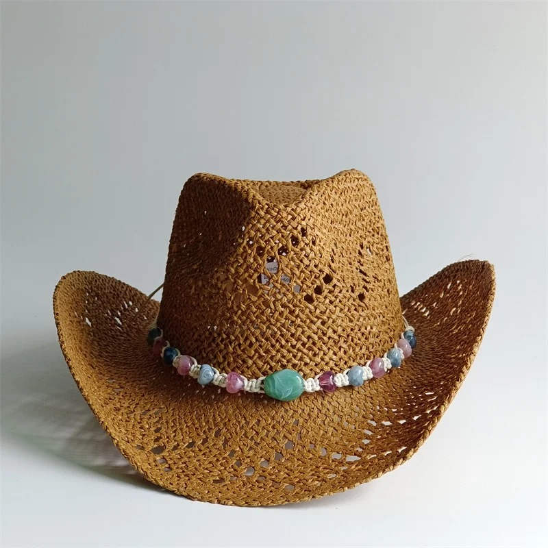 Cowboy Hat Straw Western for Women Men Classic Vintage Hollow Out Unisex Curled Wide Brim Sun Hat Fishing Hat Climbing Cap