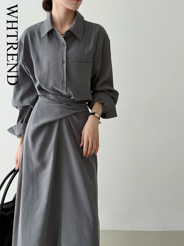 WHTREND vestido camisero de estilo coreano para mujer otoño nuevas mangas largas cintura fruncida Irregular elegante vestidos largos Oficina señora WH1469