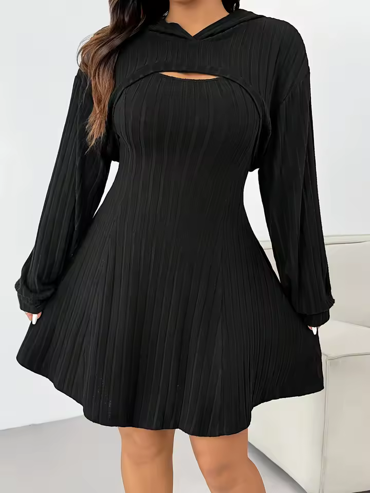 Conjuntos plus size de malha terno a linha vestido com capuz manga comprida colete saia linha a conjunto elegante elegância tecido elástico conforto