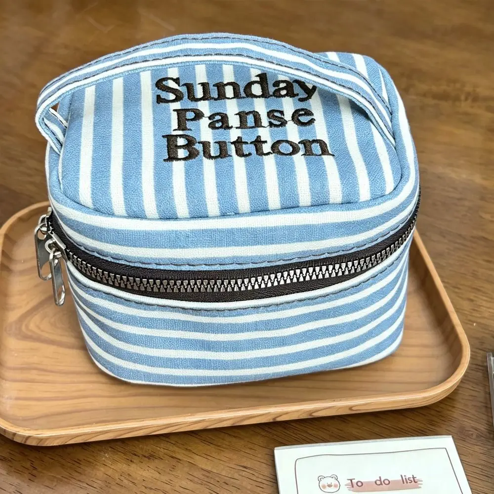 Waterproof Blue White Striped Square Storage Box Handheld Zipper Design Small Cosmetic Pouch Handbag Home Travel