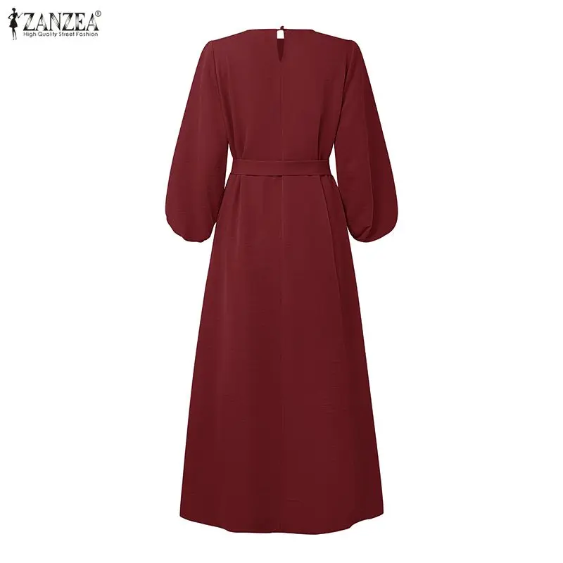 ZANZEA Women Modest Maxi Dress O-Neck Lantern Sleeve Sashed Loose A-Line Abaya Robes Muslim Islamic Hijabis Eid Ramadan Kaftan