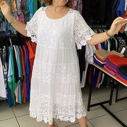 Summer Lace Embroidery Jacquard Crochet Dress Women Crew Neck Hollow Out Long Dress Spring Half Sleeve Loose Femme Party Dresses