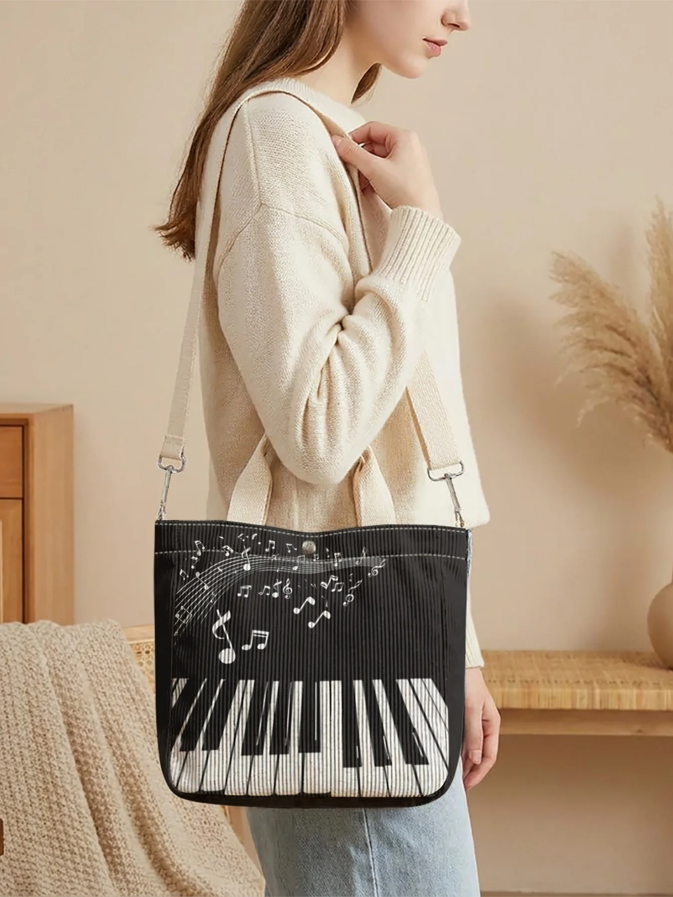 Piano Note Print Tote Bag, Adjustable Strap Crossbody Handbag, Large Capacity For Shopping Travel School Daily Use