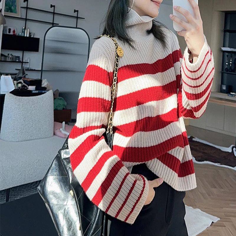 

Red Striped High Neck Sweater for Women, Autumn Winter Lazy Style, Loose Long Sleeved Knitted Pullover, Fashionable Casual Tops