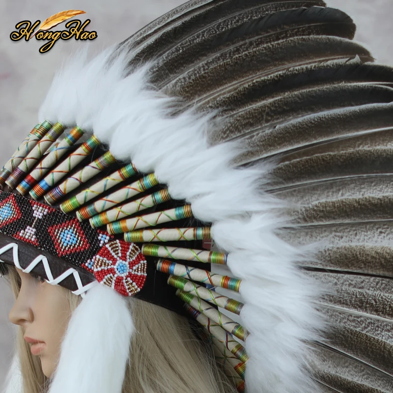 Indian Hat Feather Headdress White feather headwear Men Women Head Accessories for Carnival Show Fancy Dress Cosplay Halloween