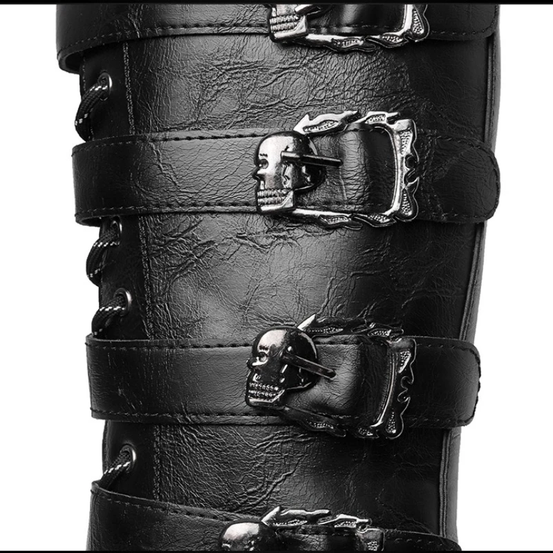 Men's Punk Gothic Biker Boots Tall Harness Buckle Side Zipper Riding Boots for Cosplay Costume Performance Comfortable Black image 6