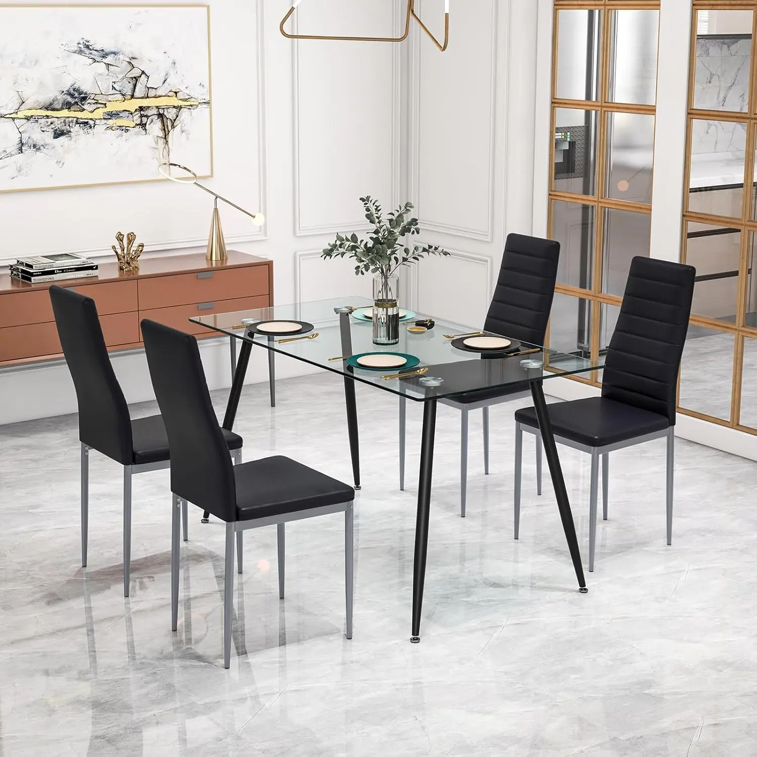 

Dining Table Set For 4, Kitchen Table Chairs Set With 51” Rec Glass Dining Table, 4 Padded Dining Chairs, Metal Structure,