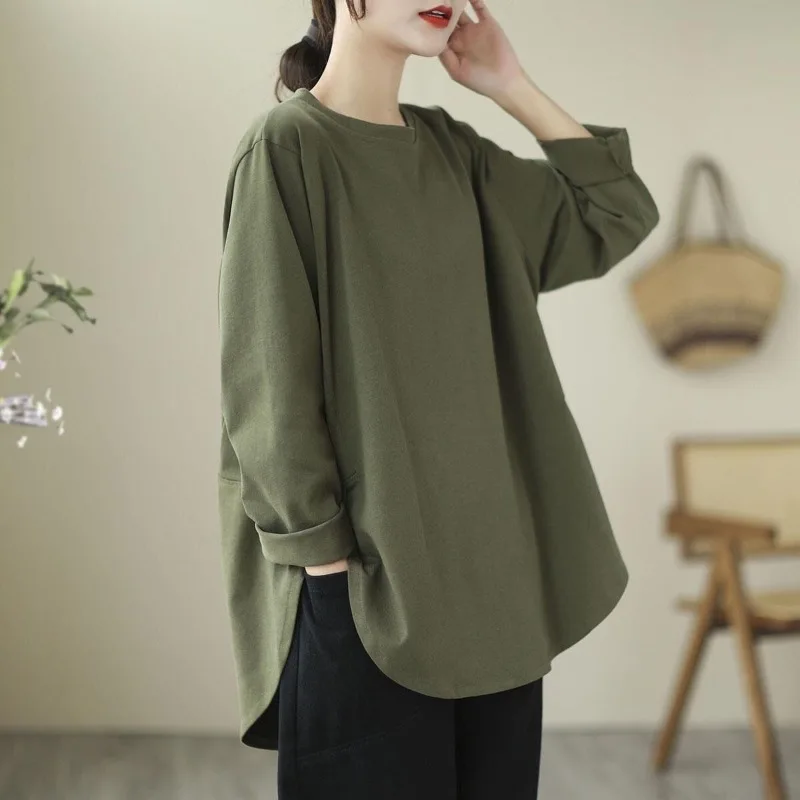 

Women Hoodie Pure Cotton Long Sleeve Loose Fit Casual Sweatshirt Spring Autumn Solid Color Slimming Round Neck Top