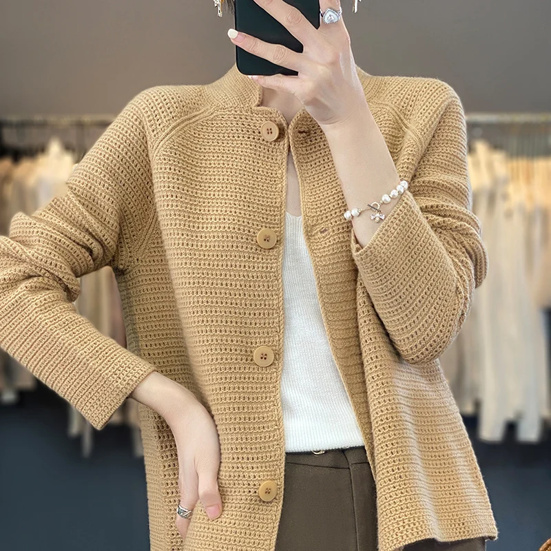 100% Cashmere Women Sweater Autumn Spring New Standing Collar Hollow-out Cardigan Fashion Casual Knitted Soft Jacket Tops