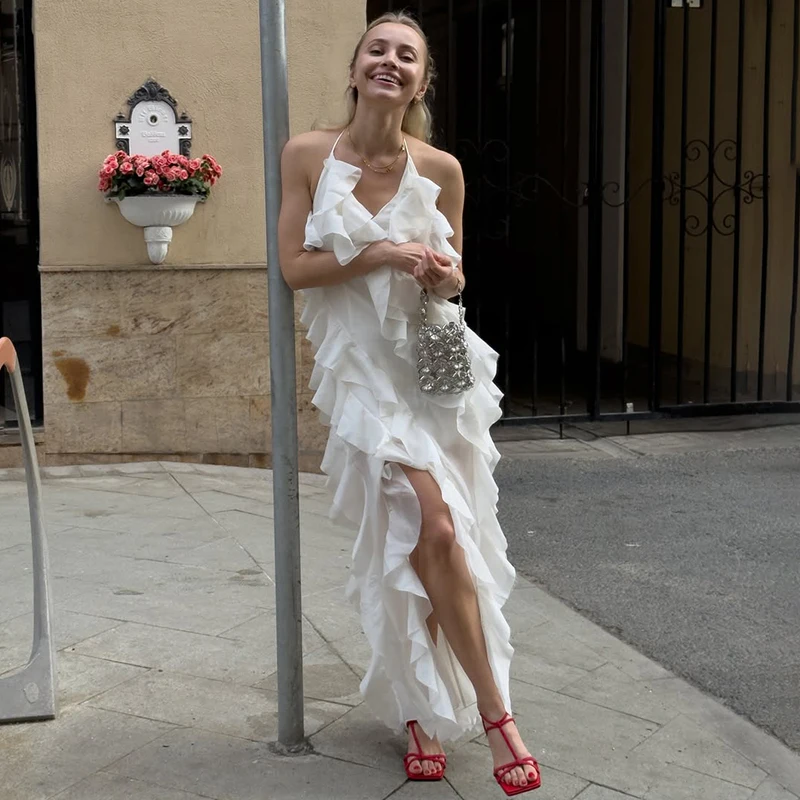 

Tornova Sexy Ruffled Sling Long Dress Female Deep V neck See Through High Slit Dress Summer Beach Vacation Outfits Fashion Slim